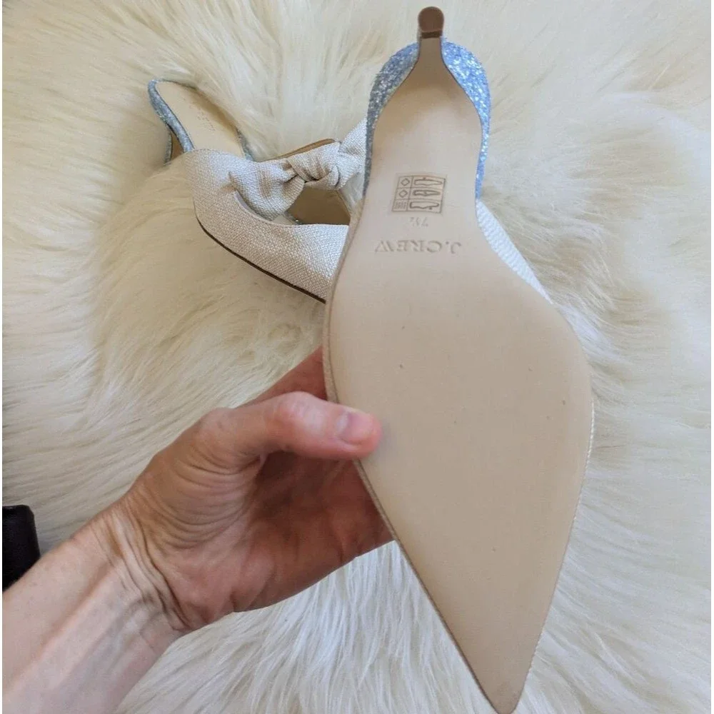 J.Crew Sophia Linen Glitter Pointed Kitten Heel Mules Off White Beige Silver 7.5